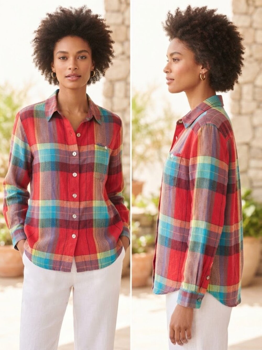 Chico's Design Multi Color 100% Linen Abalone Buttons Women's Polo Shirt Size 2